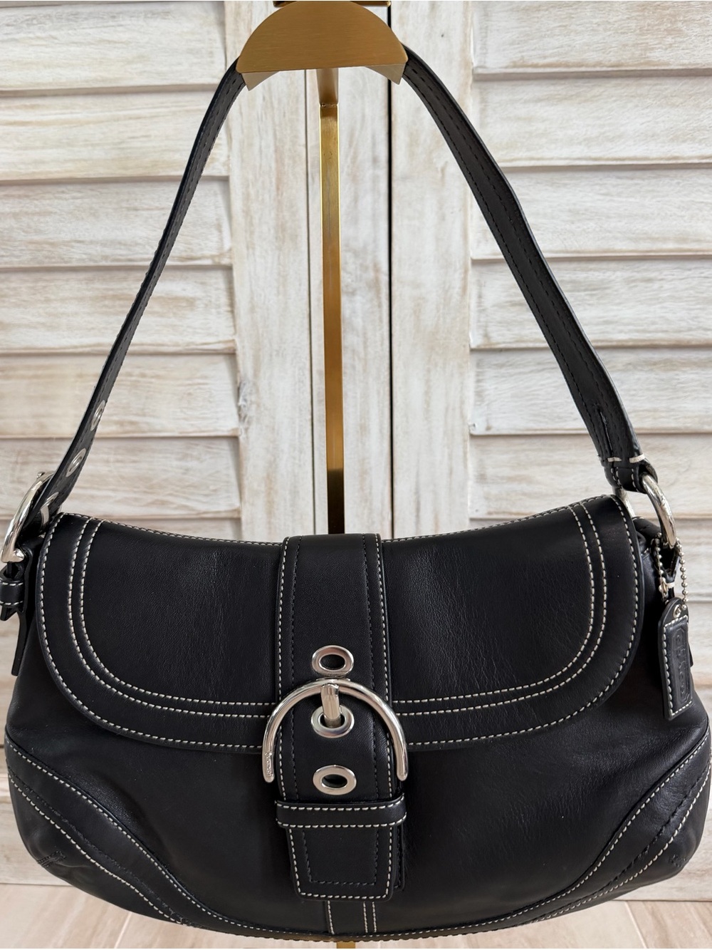 Coach Soho F10910 Black Leather Buckle Flap Shoulder Bag